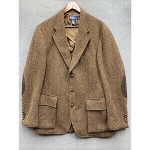 Vtg Polo Ralph Lauren Sport Coat Herringbone Wool 3 Button Elbow Patch Brown L
